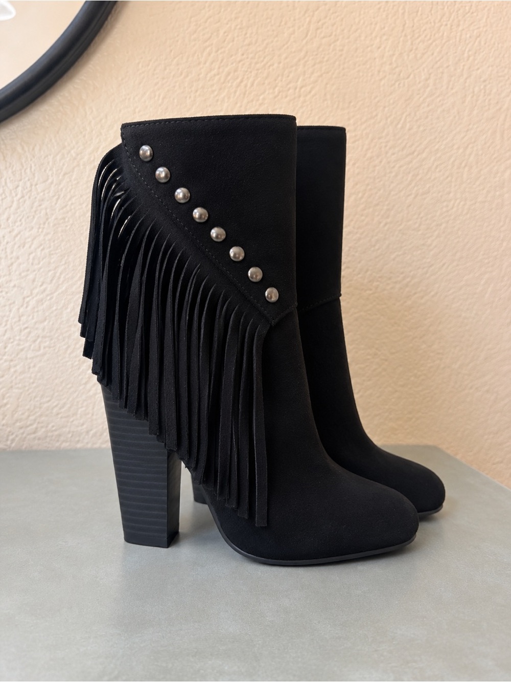 Black Suede Fringe Ankle Boots